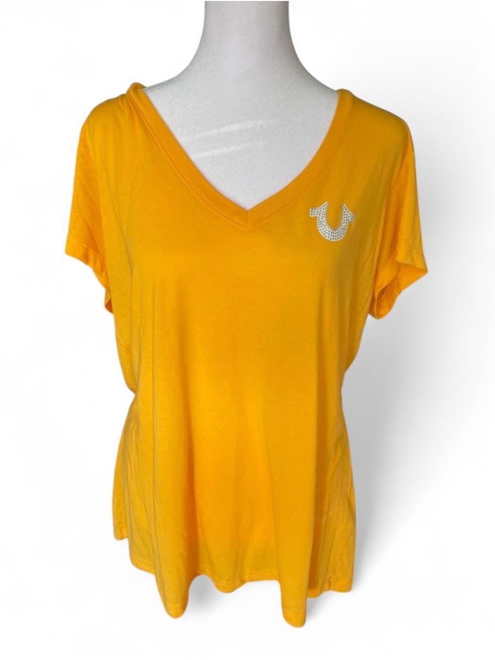 True Religion Yellow V-Neck Short Sleeve Tee with Horseshoe Logo